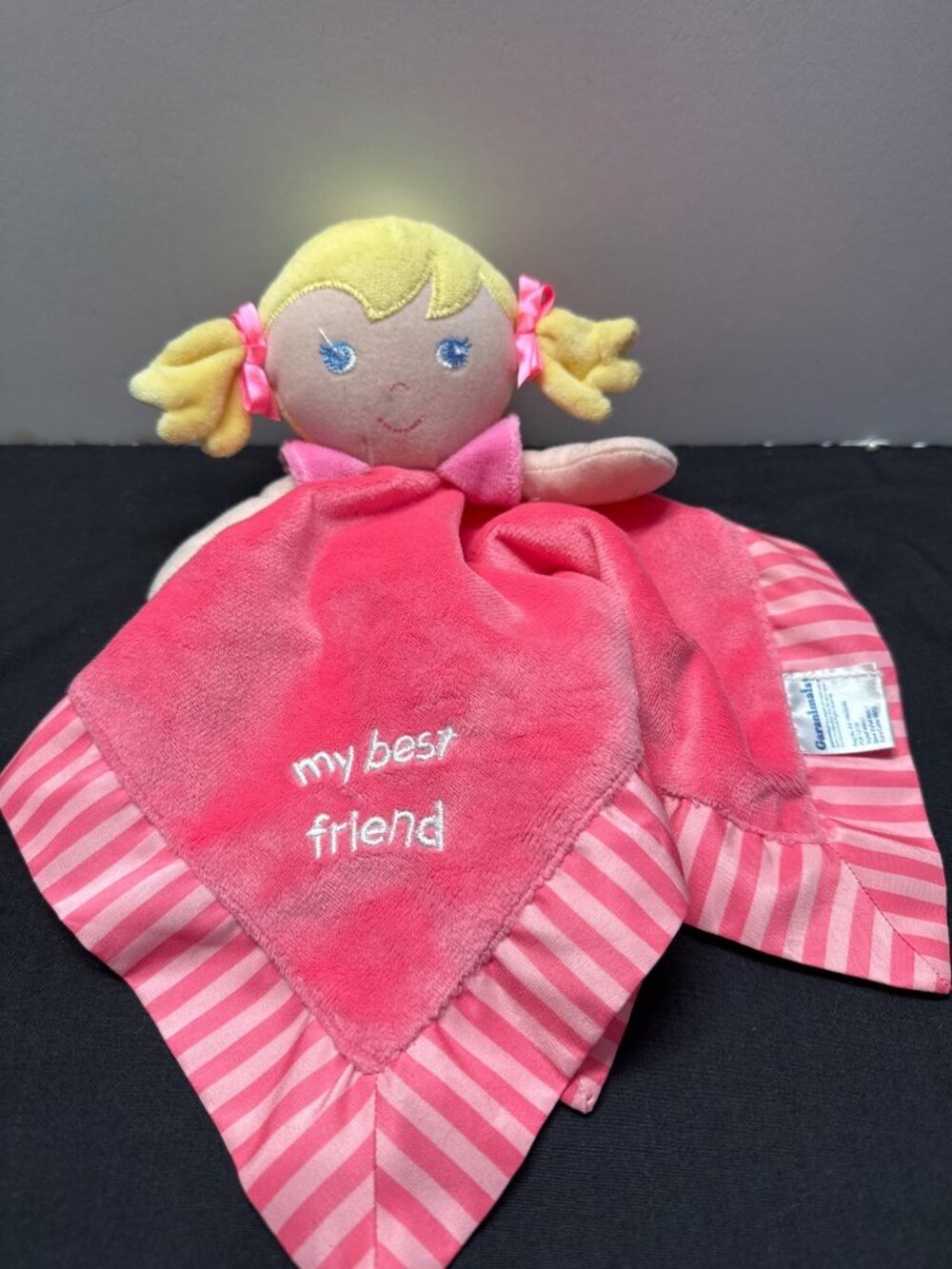 Garanimals Baby Security Blanket Doll Pink Striped Trim "My Best Friend" 10"x10"